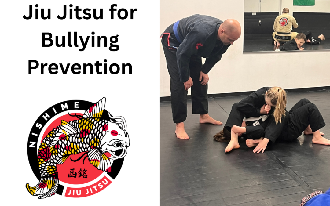 Kids practicing Brazilian Jiu Jitsu with an instructor at Nishime Martial Arts, building confidence and learning self-defense for bullying prevention.